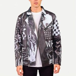 NWT. Reason Black Crazed Biker Allover Print Jacket. Size M.